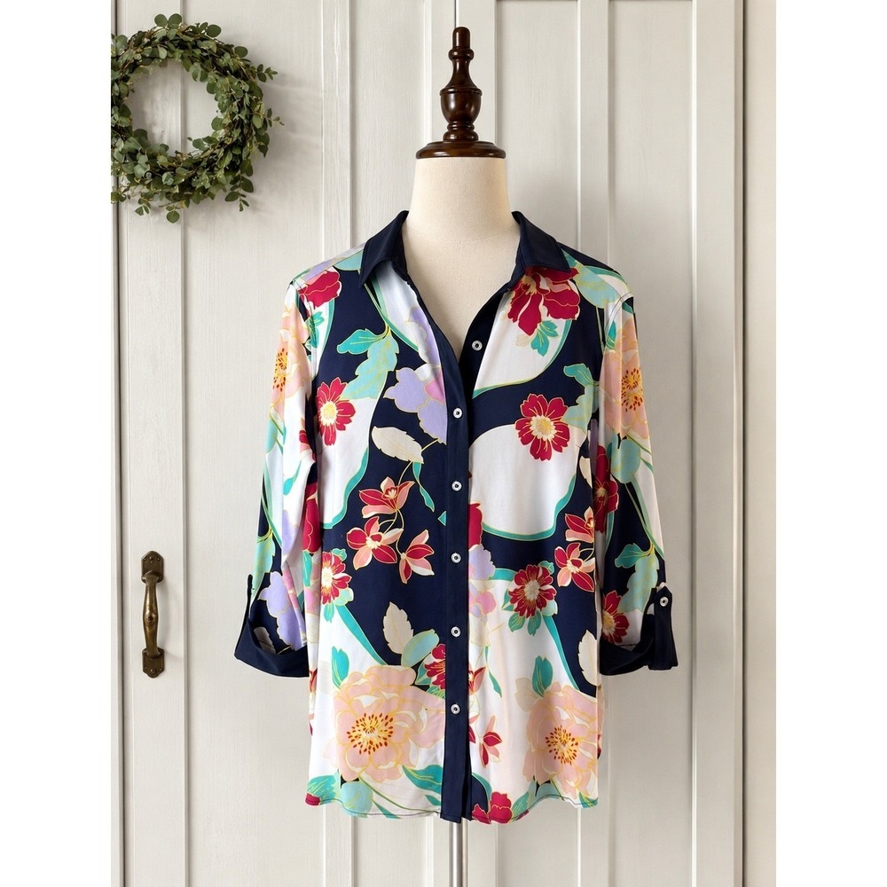 Nygard Button Up Top Size M Navy Vibrant Floral 3/4 Sleeve Collared Stretch